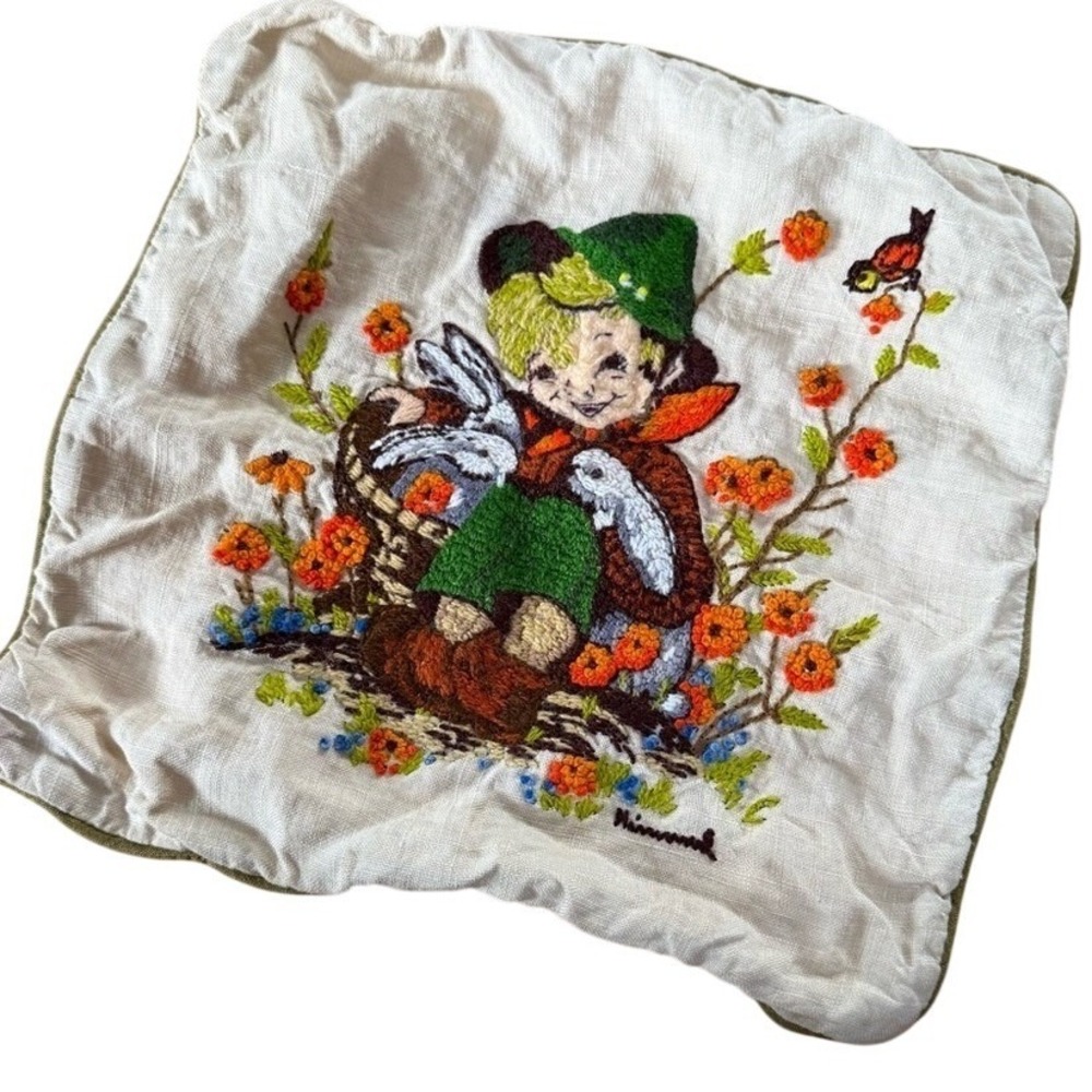 Paragon needle craft pillow cover little boy with bunnies vintage hand stitched